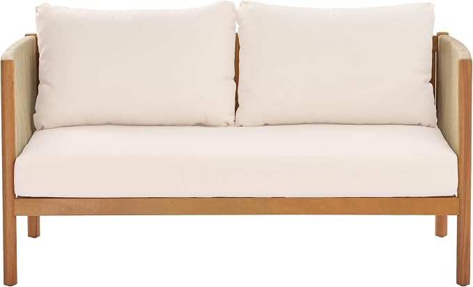 Merax Outdoor Loveseat & Coffee Table Set with Acacia Wood Frame in Teak Look, Beige Rope Panels & Cream Water-Repellent Cushions for Patio & Garden