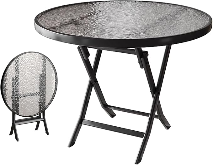 Folding Glass Outdoor Side Table, Patio Coffee Table, Weather Resistant Outdoor Round End Table, Portable Indoor Outdoor Glass Table, Modern Round Folding Dining Table, Space Saving Dining Table