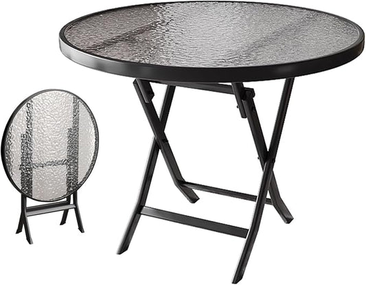 Folding Glass Outdoor Side Table, Patio Coffee Table, Weather Resistant Outdoor Round End Table, Portable Indoor Outdoor Glass Table, Modern Round Folding Dining Table, Space Saving Dining Table