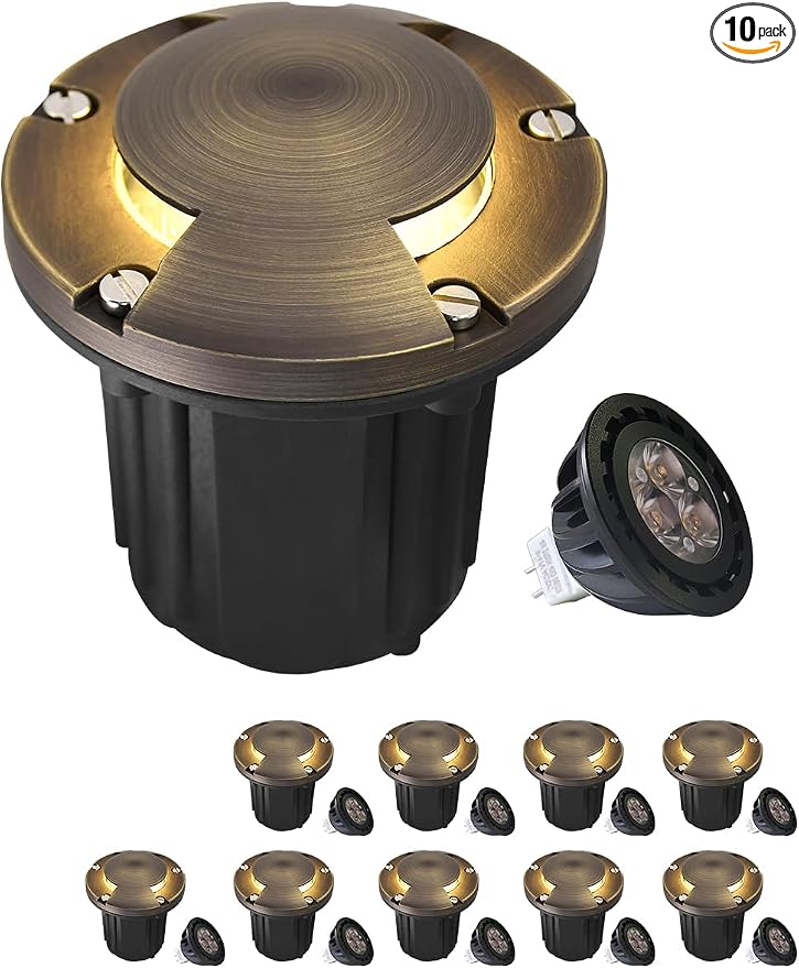 MALORY Brass Top Cover Landscape Well Lights,(φ126 mm) 12V Low Voltage Outdoor In Ground Lights,Landscape Lighting for Pathway, Driveway and Garden (Two-Direction Turret, 10-Pack with Bulb)