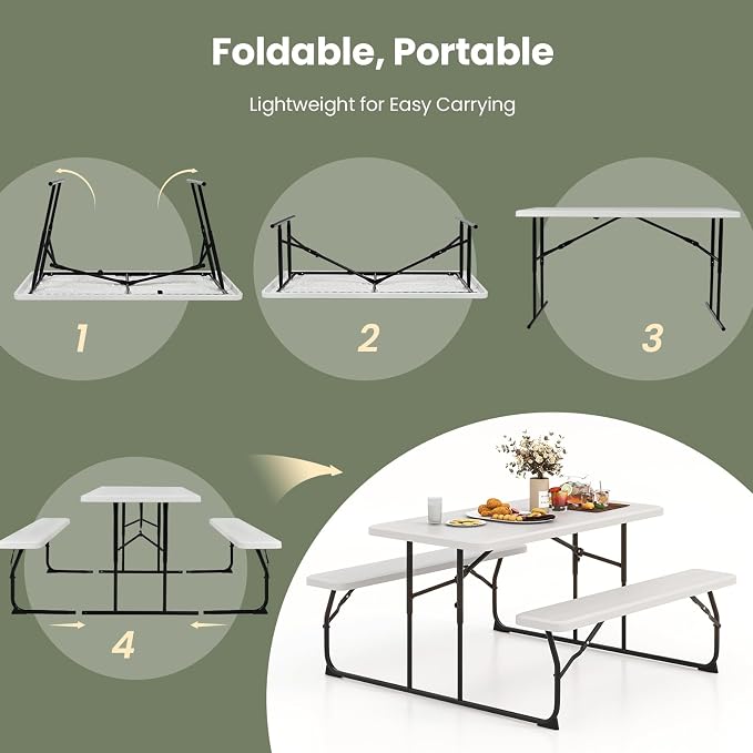 Moccha Folding Picnic Table - Portable Picnic Table with Benches, HDPE Tabletop, Metal Frame, Foldable Camping Table, Outdoor Dining Table Set for Garden Party BBQ Patio Table Bench Set (White)