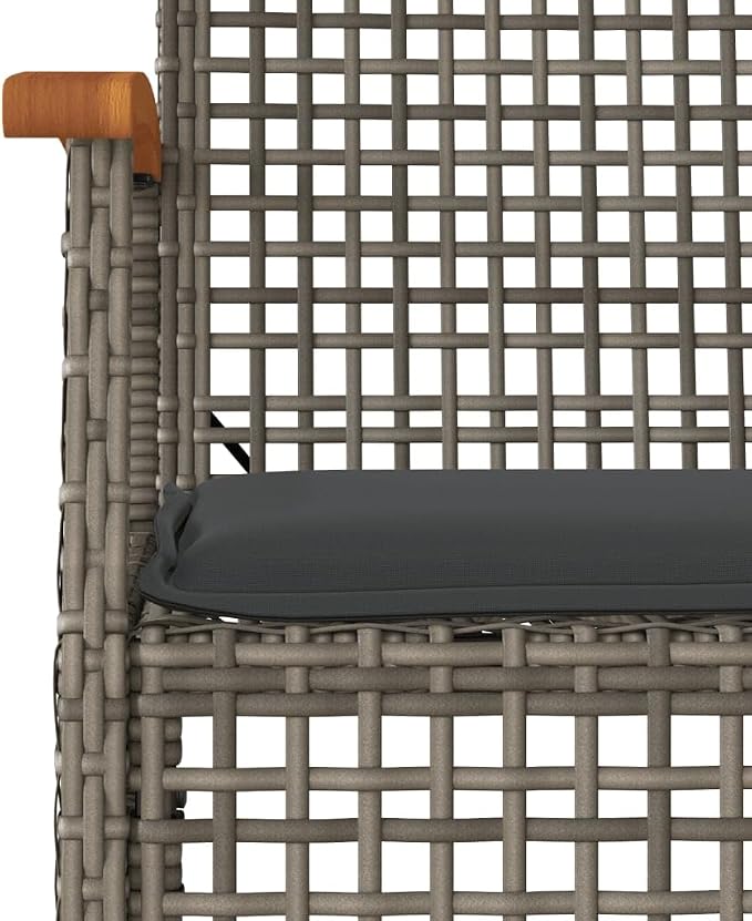 5-Piece Gray PE Rattan Patio Dining Set with Acacia Wood Table | Includes four chairs with dark gray padded cushions, designed for backyard, garden, or porch dining.