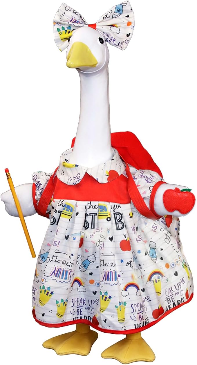 Back to School Porch Goose Outfit, Student Goose Outfit with Red School Bag Pencil Apple and Bow Headband for Home School Classroom 23 Inch Goose Statue Lawn Patio Yard Garden Decor