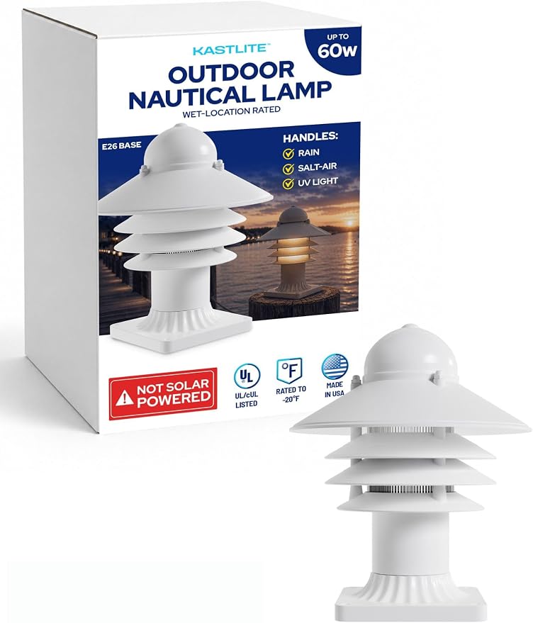 Nautical Pier Mount Outdoor Lighting - Salt-Air Tough Rust-Proof Non-Metallic Coastal Lamps - UL Listed Dock Lights - Patio Fence Deck Porch Lights Outdoor - USA Made, Short, Decorated, White | Anti-Rust Outdoor Coastal Fixture for Pathways & Walkways,...