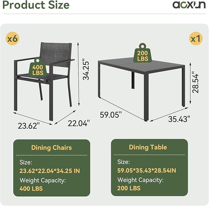 Aoxun 8-Piece Patio Table and Chairs Set & 15ft Patio Umbrella for 6, All Weather Outdoor Dining Set with 6 Textilene Chairs and 1 Rectangular Metal Table for Backyard, Garden, Grey/Blue