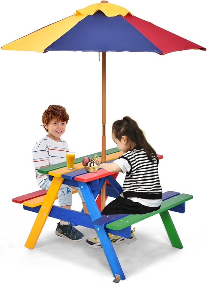 Olakids Kids Picnic Table, Outdoor Toddler Wooden Table and Chair Set with Removable Umbrella, Children Activity Furniture Bench Set for Patio Garden Backyard