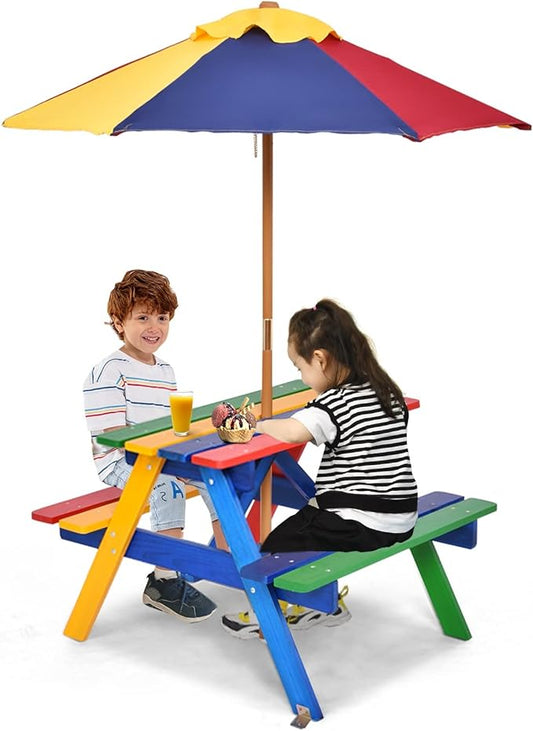 Olakids Kids Picnic Table, Outdoor Toddler Wooden Table and Chair Set with Removable Umbrella, Children Activity Furniture Bench Set for Patio Garden Backyard