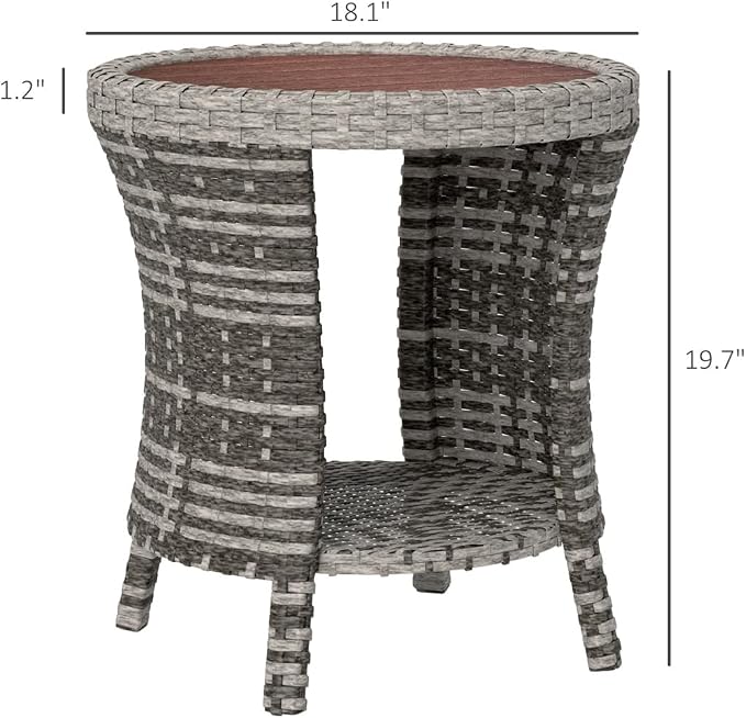 Outdoor Wicker Side Table Hourglass Shape Rattan Patio Table with Storage Shelf, All-Weather for Outside Patio, Porch, Garden, Grey