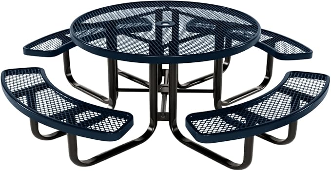COATEDOUTDOORFURNITURE Heavy-Duty Portable Outdoor Kids Table with Umbrella Hole, Expanded Metal Kids Picnic Table, Commercial-Grade, Made in America (46 in, Round, Childrens, Dark Blue)