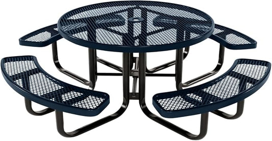 COATEDOUTDOORFURNITURE Heavy-Duty Portable Outdoor Kids Table with Umbrella Hole, Expanded Metal Kids Picnic Table, Commercial-Grade, Made in America (46 in, Round, Childrens, Dark Blue)