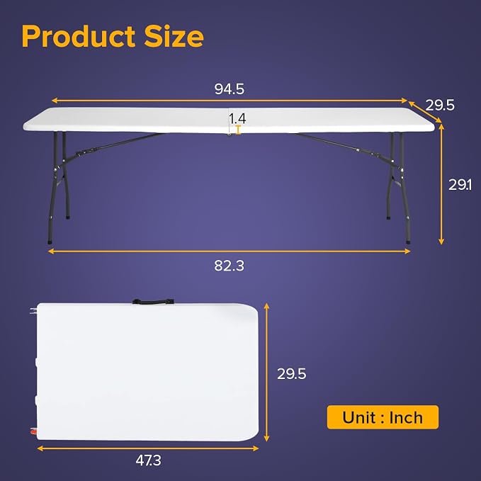 Dopinmin 8FT Plastic Camping Table Foldable Outdoor Dining Table Portable Party Table with Carrying Handle for Parties Wedding BBQ Camping Dining Kitchen,White