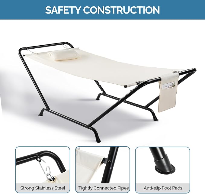 Hammock with Stand,Heavy Duty Portable Hammocks with Stand for Outside,600LBS Capacity,Steel Frame,Detachable Pillow & Portable Carrying Bag for Outdoor,Indoor,Backyard,Camping,Garden (Beige)