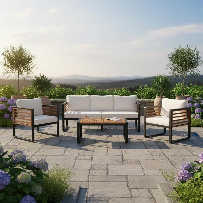 Large 4-Piece Outdoor Patio Sofa Set for 5 People, Metal & Acacia Wood Frame, Removable Cushions, Thick Comfortable Seats, Conversation Furniture with Table, Modular Garden and Backyard Set, Beige