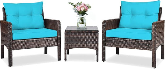 ORALNER 3-Piece Patio Conversation Set, All-Weather Wicker Sofa Chair and Coffee Table Set with Thick Cushions, Outdoor Furniture, Rattan Bistro Set for Balcony Deck Porch Poolside Garden (Turquoise)