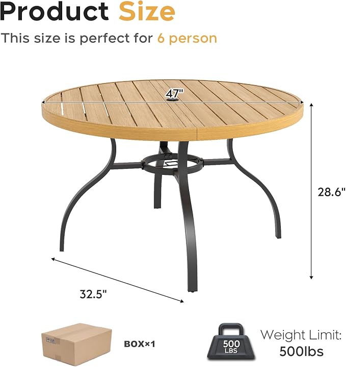 47" Round Outdoor Dining Table for 6, Metal Round Patio Table with Umbrella Hole, All-Weather Outdoor Patio Dining Table for Lawn Garden Deck Backyard (Brown)