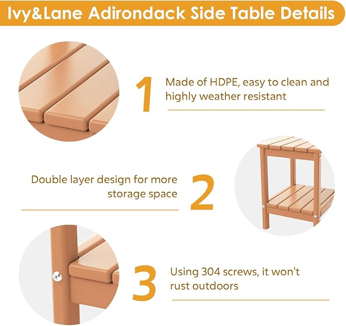 IVY&LANE Adirondack Outdoor Side Tables Set of 2 | HDPE Plastic | Patio End Table with Storage | 2-Shelf | Weather Resistant | Teak | 14 x 13 Inches | for Outside Porch Backyard Indoor
