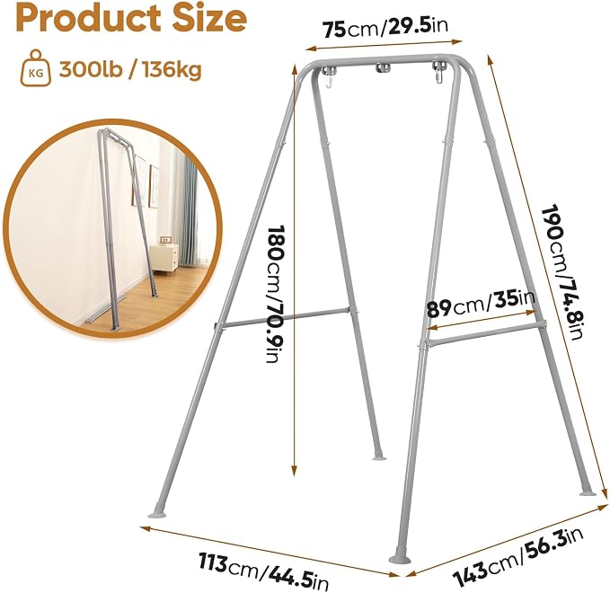 Foldable Hammock Stand, Portable Hammock Chair Stand, 300 lbs Capacity, Heavy Duty Folding Hammock Frame for Indoor or Outdoor, Easy to Assemble & Store (Hammock Chair not Included) - Gray