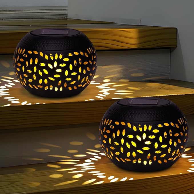 Solar Table Light Outdoor Waterproof Decorative 2pack Solar Table Lantern | Hollowed-Out Black Metal Desktop Decorative Lamp for Women Mother's Day, Outside Garden Yard Patio & Indoor Tabletop Decor