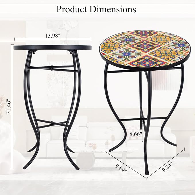 Mosaic Outdoor Side Table Small Round Patio Table Plant Stand | 21" Accent End Table with 14" Ceramic Tile Top for Small Spaces Porch Pool Garden Decor Indoor Living Room Bedroom Balcony