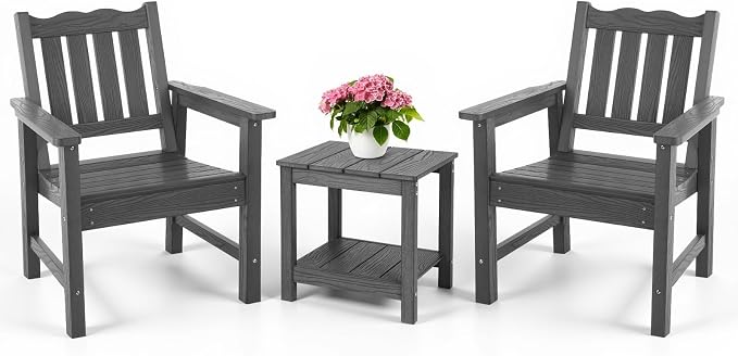 Stoog 3 Piece Patio Dining Sets, All-Weather Outdoor Chairs Set of 2 with Table, Include 2 Patio Chairs and 1 Side Table, Grey