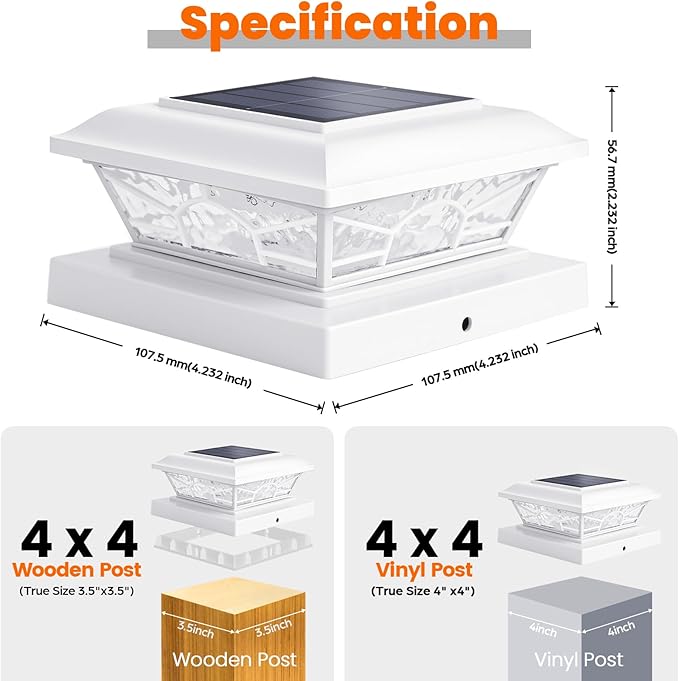 Brightever 4x4 3.5x3.5 Solar Post Cap Lights 8-Pack White | 2 Modes (Warm/Cool White), 16LEDs, for Wooden/Vinyl Posts, IP65 Waterproof, Outdoor, for Fence, Deck, Patio, Yard, Porch