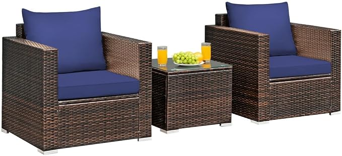 3PCS Patio Rattan Furniture Set Conversation Sofa Cushioned Navy