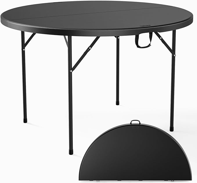 VINGLI Black 48" Round Bi-Folding Commercial Table, 4 Feet Portable Plastic Dining Card Table for Kitchen or Outdoor Party Wedding Event, 4-Pack