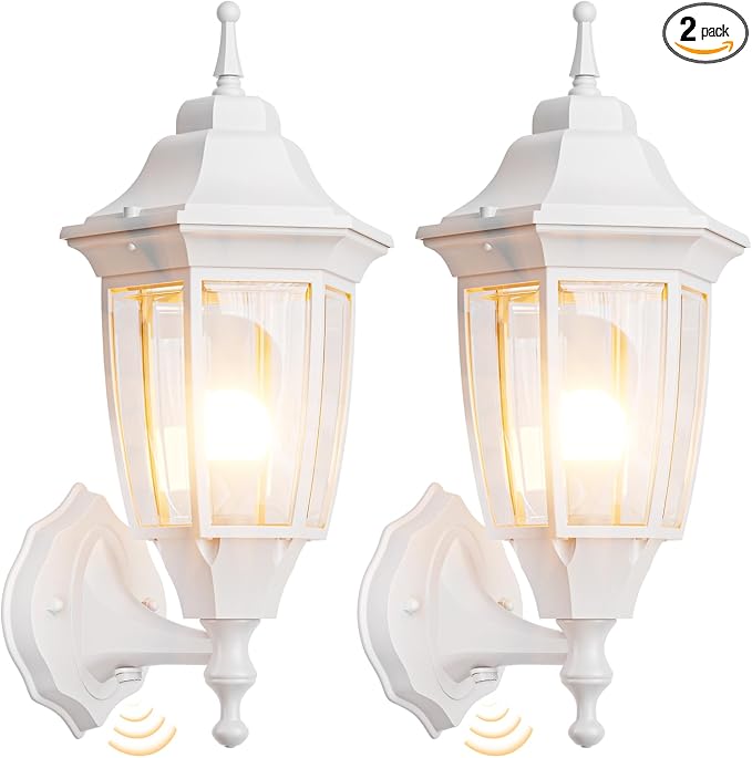 EMART Dusk to Dawn Outdoor Porch Light with Bulb, Wall Lamp(2 Pack, White) | Exterior Anti-Corrosion, Waterproof Aluminum & Glass Shades, Modern Sconce Lantern Fixtures for Outside, House, Garage