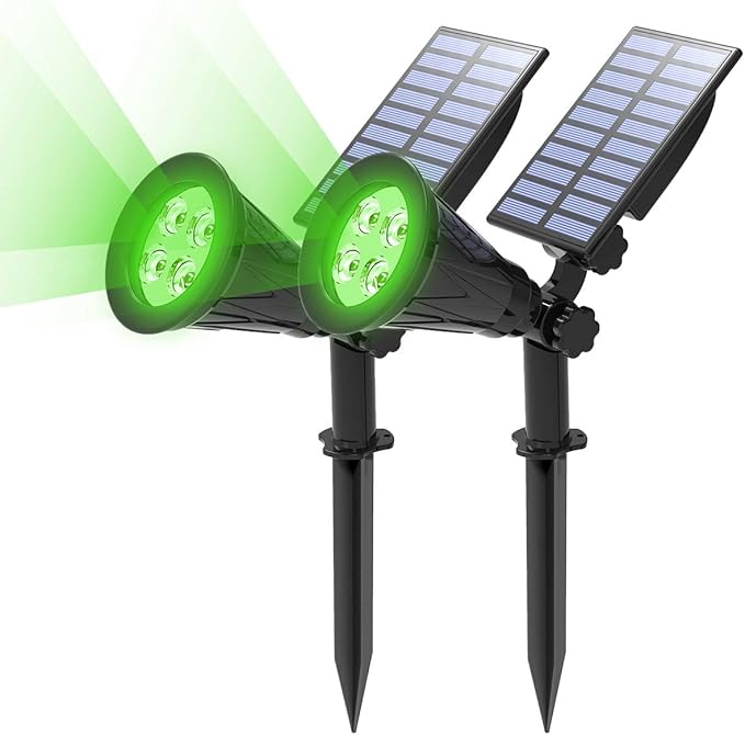 T-SUN Green Solar Spot Lights Outdoor Waterproof, Solar Spotlights, 2 Pack | 4 LEDs, 2 Lighting Modes, IP65 Waterproof Dusk to Dawn Solar Lights for Tree, Patio, Yard, Garden, Driveway, Halloween