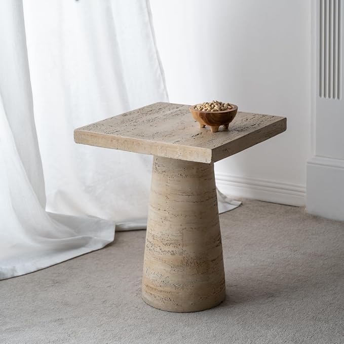 Faux Stone Side Table Square End Table, Small Drink Table for Small Spaces, Rustic Pedestal End Tables Farmhouse Nightstand for Living Room Bedroom Corners Office -Cream