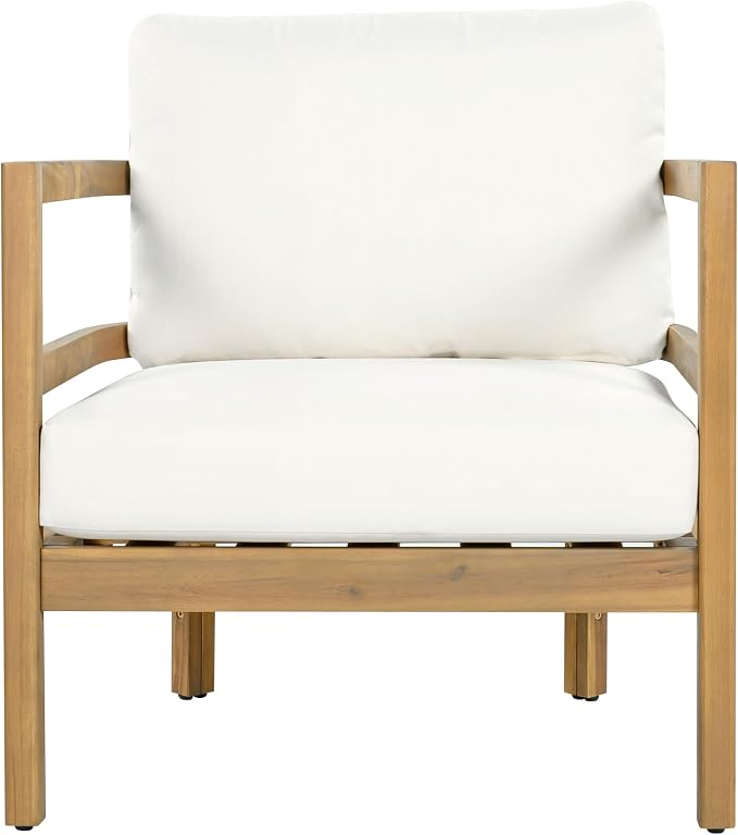 Merax Outdoor Acacia Wood Lounge Chair with Cushions, Solid Wood Patio Armchair, Modern Outdoor Accent Seating for Patio, Garden, Balcony, Deck, Porch, Beige + Light Brown