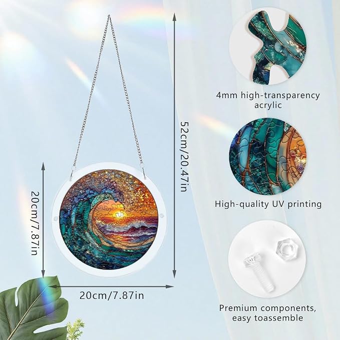 Acrylic Puzzle Suncatcher, Ocean and Sun Stained Glass Window Hanging, Sun Catcher Puzzle Kit Home Garden Decor, Creative Mothers Day and Birthdays Gifts for Mom, Wife, Sisters, 7.87 inch