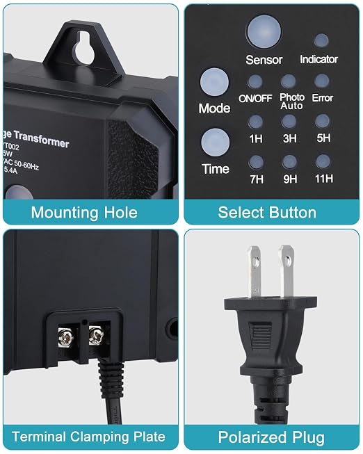65W Outdoor Low Voltage Transformer with Timer and Photocell Sensor,120V AC to 12V DC Weatherproof for LED Landscape Lighting,Deck Lights,Spotlight, Pathway Light,ETL Listed