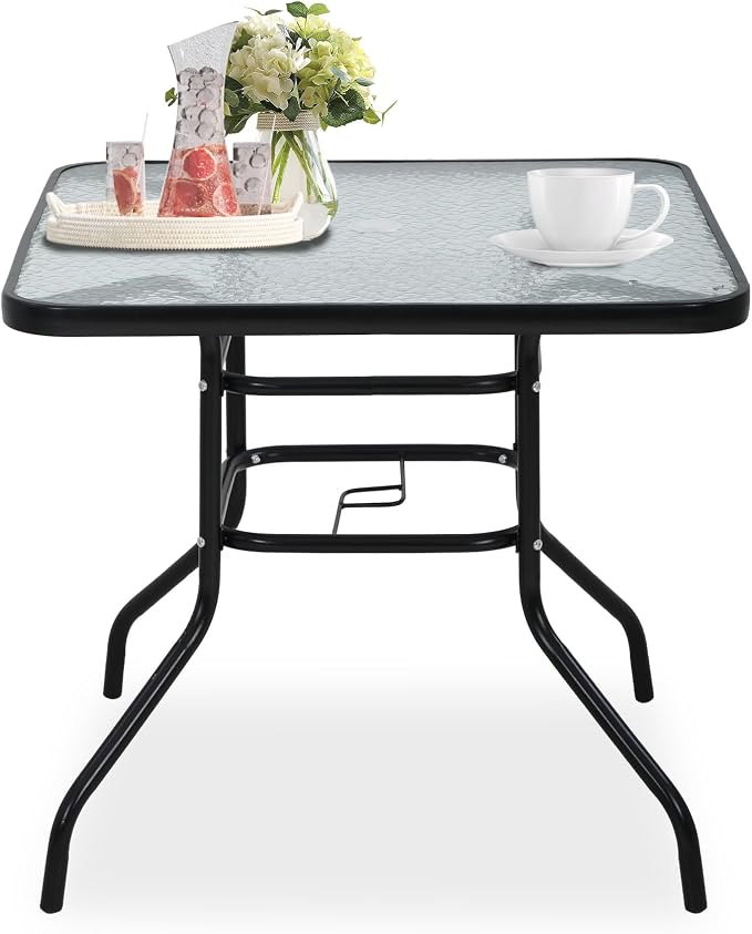 Square Outdoor Table with with Umbrella Hole, 32 Inch Tempered Glass All Weather Umbrella Table Outdoor Tables for Pool, Lawn, Balcony
