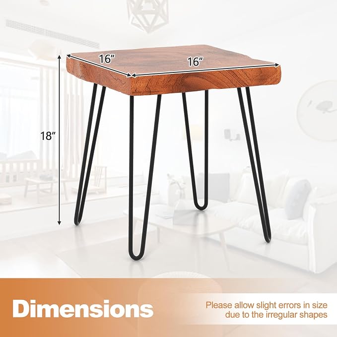Giantex Teak Wood End Table, Solid Live Edge Outdoor Side Table w/Natural Grain & Heavy-Duty Metal Legs, Rustic Plant Stand for Living Room Patio Balcony, 16" x 16" x 18" (2, Square)