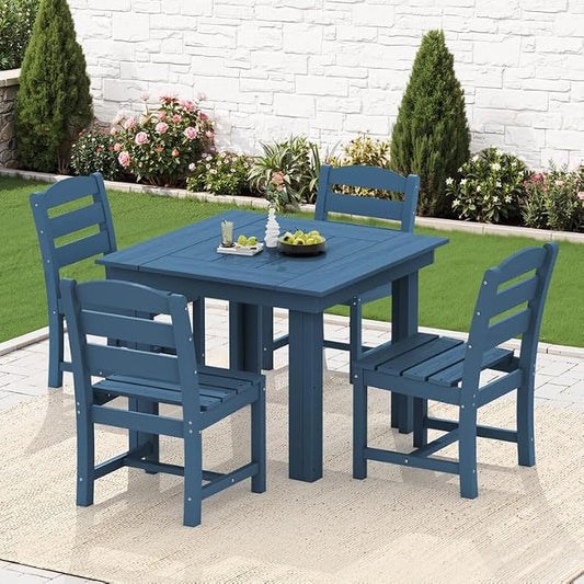 KINGYES 5-Piece HDPE Outdoor Dining Set for 4, Square Patio Table & Armless Chairs with Umbrella Hole, All-Weather Patio Dining Set for Backyard, Garden, Lawn & Poolside, Blue