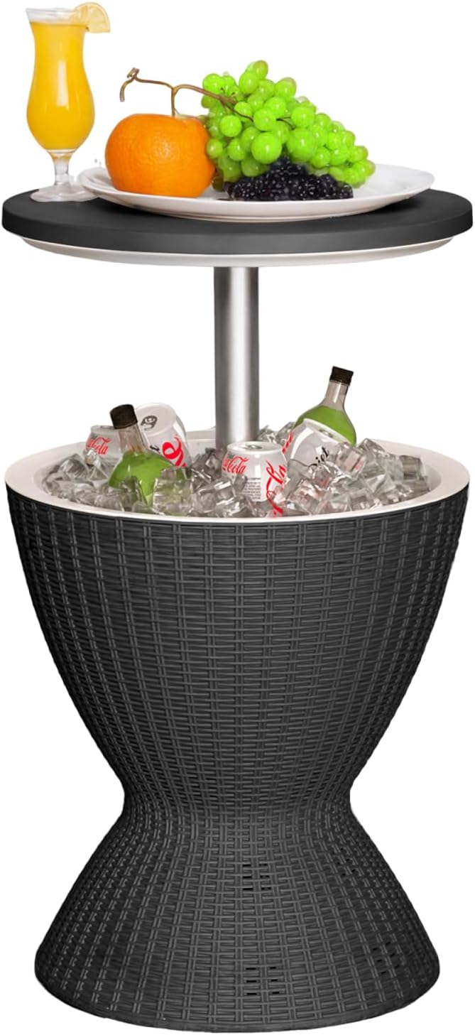 Outdoor Cooler Table – Adjustable Height with Built-in Ice Cooler Side Table, Resin Cool Bar for Patio, Party, Pool, Garden(Black)
