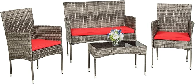 PayLessHere Outdoor Furniture Set 4 Pcs Modular Patio Furniture Set Water Resistant Conversation Set with 3 Rattan Chairs 1 Tempered Glass Topped Table for Patio Poolside, Gray Wicker/Red Cushions