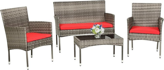 PayLessHere Outdoor Furniture Set 4 Pcs Modular Patio Furniture Set Water Resistant Conversation Set with 3 Rattan Chairs 1 Tempered Glass Topped Table for Patio Poolside, Gray Wicker/Red Cushions