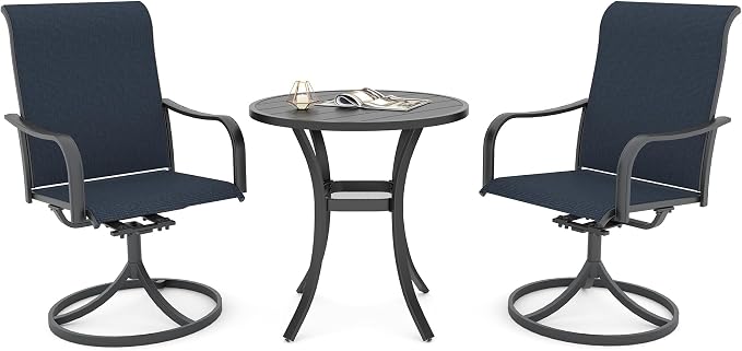 Anmutig Small Outdoor Patio Dining Set, 27.5 Inch Round Dining Table with 2 Navy Blue Swivel Chairs - Style2