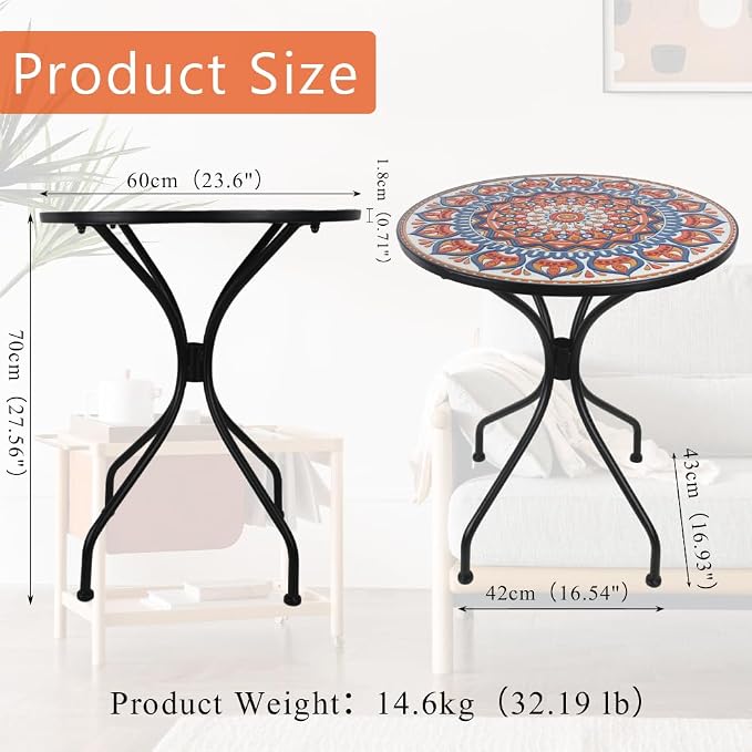 24 Inch Mosaic Patio Round Side Table with Central Column Curved Legs Indoor and Outdoor Accent End Table for Yard, Garden, Living Room, Bistro, Blue Orange Mandala