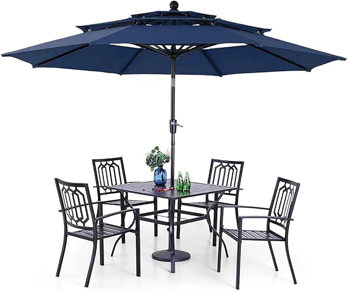 PHI VILLA 5 PCS Patio Dining Set w/Umbrella(Navy Blue) | 37" metal table w/ umbrella hole &4 stackable chairs& 10ft blue umbrella. Rust-resistant e-coated frame. Perfect for patio