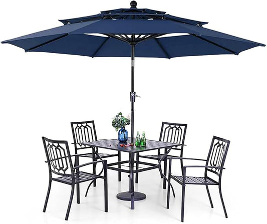 PHI VILLA 5 PCS Patio Dining Set w/Umbrella(Navy Blue) | 37" metal table w/ umbrella hole &4 stackable chairs& 10ft blue umbrella. Rust-resistant e-coated frame. Perfect for patio