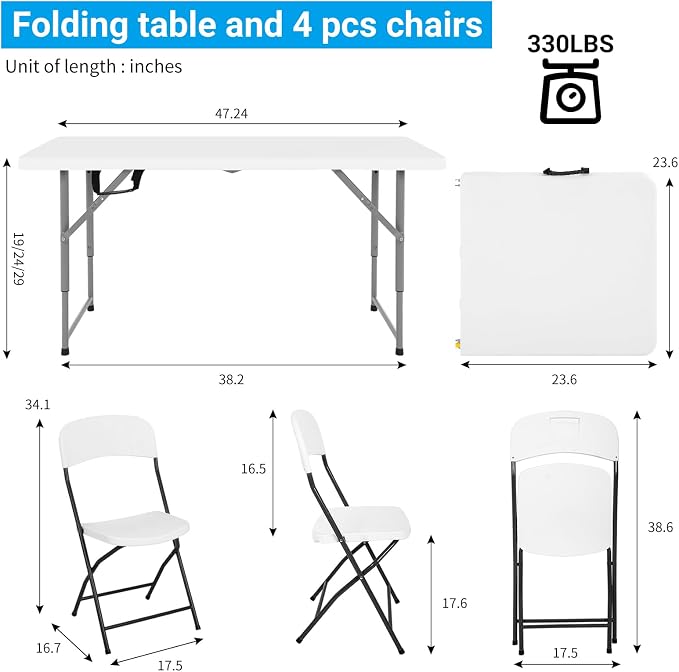 4ft Folding Table and Chairs, Outdoor Folding Chairs Set of 4, Foldable Table with Handle, Tables and Chairs for Parties, Picnic, Event, Indoor Outdoor Activities, at Home and Commercial Use, White