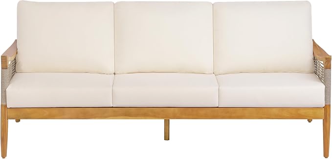 Merax 5-Piece Acacia Wood Patio Set with Rope Seats & Cushions | Teak-Finish Acacia Frame, Beige Woven Rope, Deep Seating Cushions And Coffee Table For Porch, Garden Or Backyard