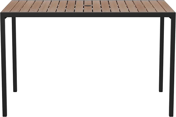 Flash Furniture Lark Outdoor Steel Dining Table with Umbrella Hole - Faux Teak Poly Slatted Top - Commercial Grade Table-Black Frame-30x48 Table Seats up to 4 Adults