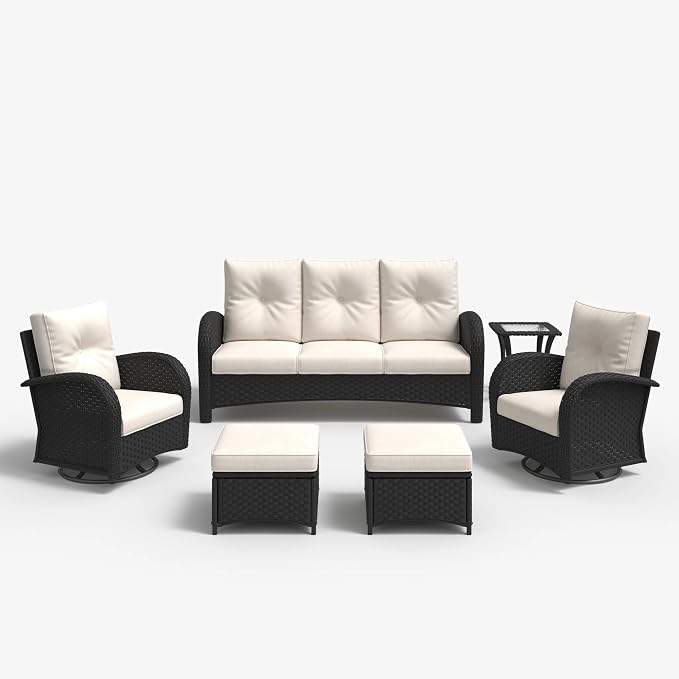 LayinSun 6 Pieces Outdoor Patio Furniture Set, Rattan Wicker Sectional Swivel Rocker Chairs Sets