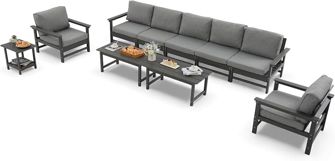 HDPE Outdoor Patio Furniture Set, 10-Piece Sofa Set with 5-Seat Couch, 2 Armchairs,Side Table & 2 Coffee Tables, Weatherproof Conversation Set with Cushions,for Garden, Porch & Backyard