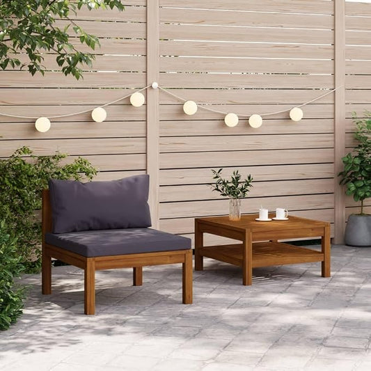 2 Piece Patio Sofa Set with Dark Gray Cushions, Acacia Wood Outdoor Conversation Set Sectional Sofa with Middle Sofa, Coffee Table for Garden, Patio, Balcony,-423
