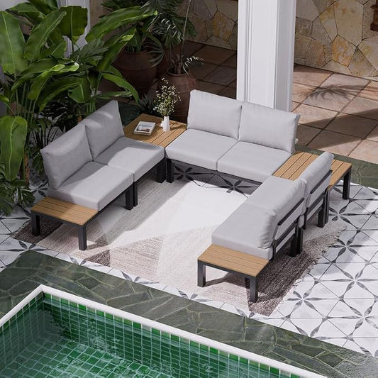 ZANDOR Aluminum Outdoor Patio Furniture Set, 7 Pieces Movable Backrest Modular Sectional Sofa Set, Metal Conversation Set with 4-inch Thick Cushion for Garden Backyard Porch, Grey